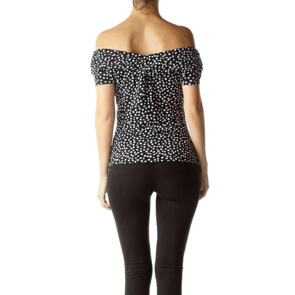 White House Black Market Black White Off-Shoulder Polka-Dot Blouse - Picture 2 of 3